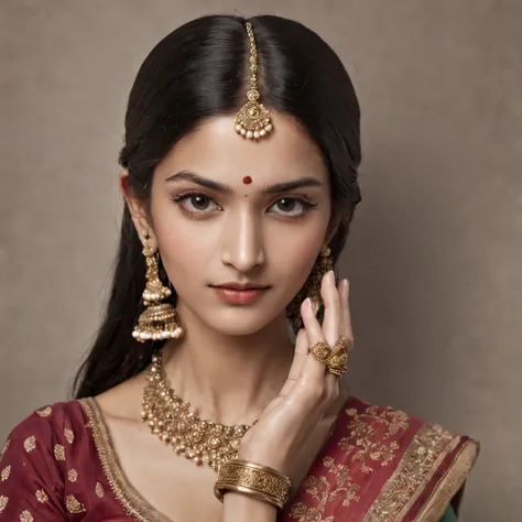 "A young woman with fair complexion, originating from India, is portrayed in meticulous detail in this frame. She has beautiful, long, black hair, round black eyes with intricate details, and nicely shaped lips. She has a cute and slightly shy expression. ...