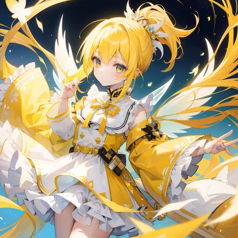 Bright yellow hair with high ponytail，The white and yellow clothes are decorated with gold accents，As cute and cute as a fairy