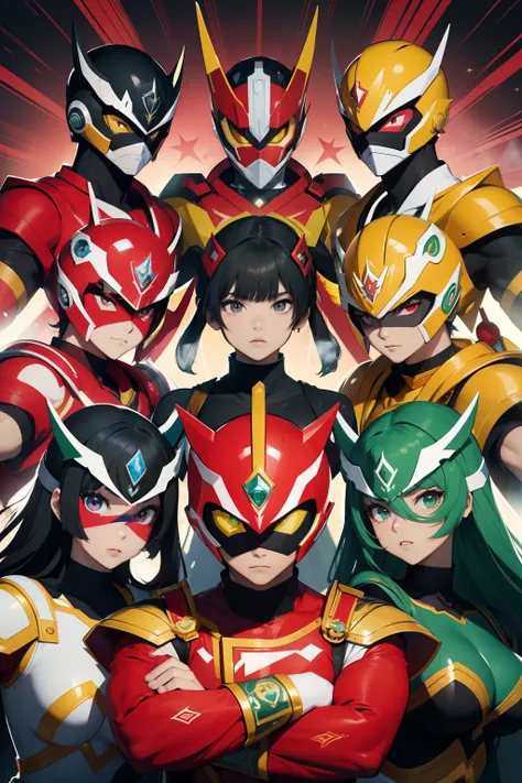 Outrageous resolution、hight resolution、(​masterpiece:1.4)、ultra-detailliert、Crisp details、Dramatic and photorealistic pictorial art、Super Sentai Series、Megaranger、Hero Mask、（reddish、verdant、A black、amarelo、pink there、Fivesome）Righteous heroes、Decide on a t...