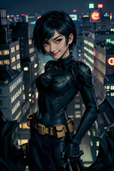 (masterpiece, best quality),1girl, solo, cassandra cain, batgirl suit, black hair, brown eyes, smile,
akihabara city, of the dead,  night,  from above, STANDING rooftop, neon sign, game center,