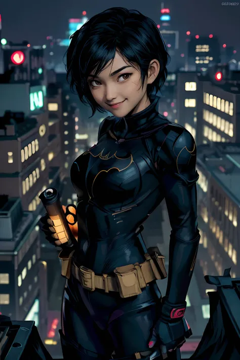 (masterpiece, best quality),1girl, solo, cassandra cain, batgirl suit, black hair, brown eyes, smile,
akihabara city, of the dead,  night,  from above, STANDING rooftop, neon sign, game center,