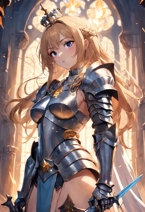 royal knights，Gorgeous heavy armor wraps the whole body，Point the knights sword to the sky，sportrait，closeup cleavage，Solemn，flatchest，modest，humble，Cinematic, hdr, primitive, Intricate, High quality, Gorgeous shades, Intricate details, super-fine，oc rende...