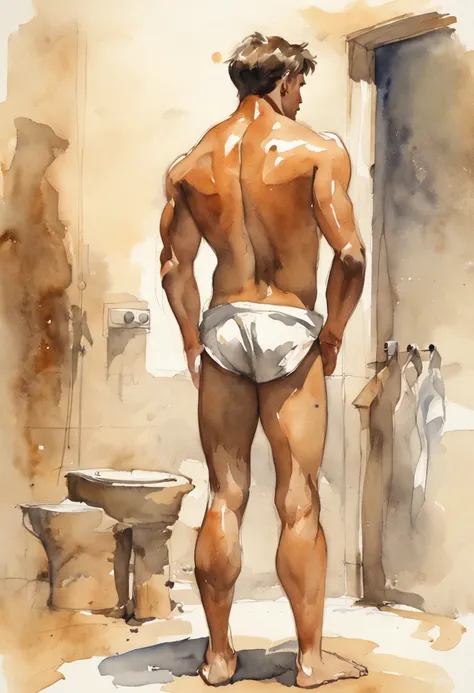 sketch, 20 yo male figure study, young muscle-bound jock, standing, full stocky body, completely naked, totally , no clothes, sans clothing, au natural, covering crotch with a white towel, bare butt, crowded gym shower with spraying showers and showering m...