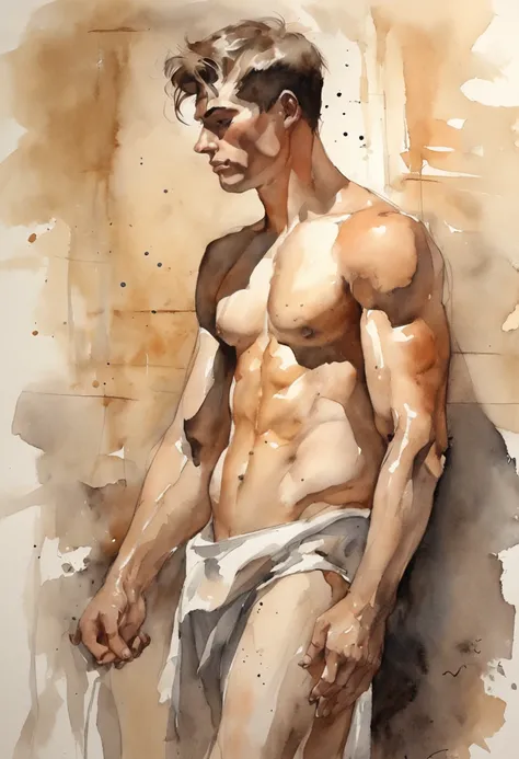 sketch, 20 yo male figure study, young muscle-bound jock, standing, full stocky body, completely naked, totally , no clothes, sans clothing, au natural, covering crotch with a white towel, bare butt, crowded gym shower with spraying showers and showering m...