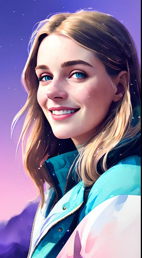 portrait of beautiful smiling woman with some freckles, snow-covered mountain landscape background by ilya kuvshinov and annie leibowitz. synthwave watercolor painting on canvas trending in artstation dramatic lighting abstract expressionism pastel shades ...