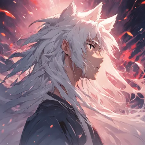 male with long flowing white hair, has wolf ears