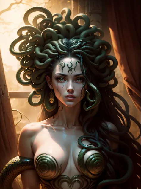 ((medusa)), ((the hair is composed of countless small snakes)), ((cobertura da parte superior do corpo com cobras)), (olhos verd...