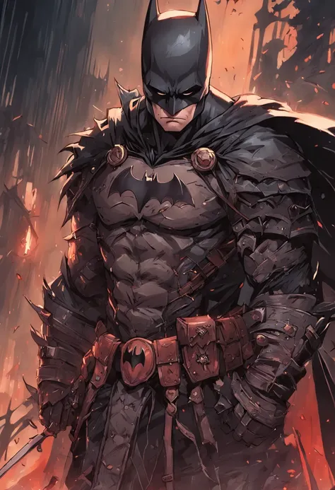 "Batman Viking com rosto do giurosa, Sorriso esquerdo, blood tears, sombrio, qualidade excepcional, multiple facial scars, Batman que ri, armadura viking das trevas, Gothic style."