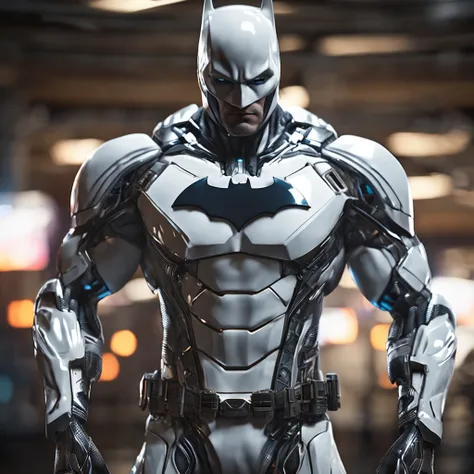 :Realistic white Batman focus on an advanced cybernetic masterpiece suit, cinematico, aerodinamico, alta qualidade ::n_desenho de estilo, Low-quality imperfection, boneco, game, anime