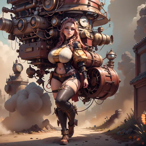 Theres a sexzy Russian busty 1woman with friends,street punk, standing with Steam punk Helicopter,dusky skin, with muscled body,less dress,Royal look, steampunk + cyperpunk urban city, sexzy full body view top to bottom, standing in backview turning camera...