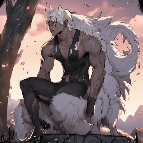 Muscular male wearing panties and thigh high socks, has flowing white hair, has wolf ears, has wolf tail, wearing lingerie