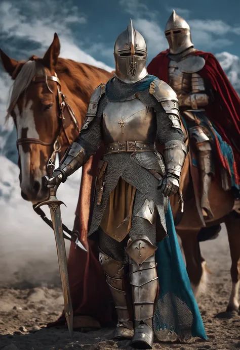 Royal Knights，Gorgeous heavy armor wraps the whole body，Tall and mighty，Point the Knights Sword to the ground，sportrait，closeup cleavage，Solemn，flatchest，modest，humble，Cinematic, hdr, primitive, Intricate, High quality, Gorgeous shades, Intricate details, ...