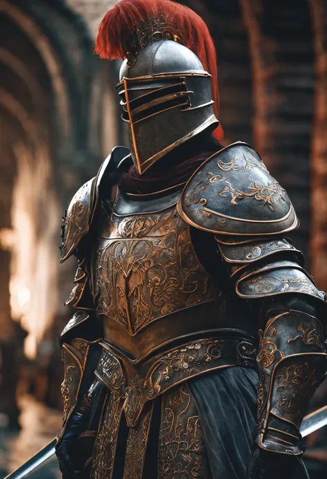 Royal Knights，Gorgeous heavy armor wraps the whole body，Show，femele，Tall and mighty，Point the Knights Sword to the ground，sportrait，closeup cleavage，Solemn，flatchest，modest，humble，Cinematic, hdr, primitive, Intricate, High quality, Gorgeous shades, Intrica...