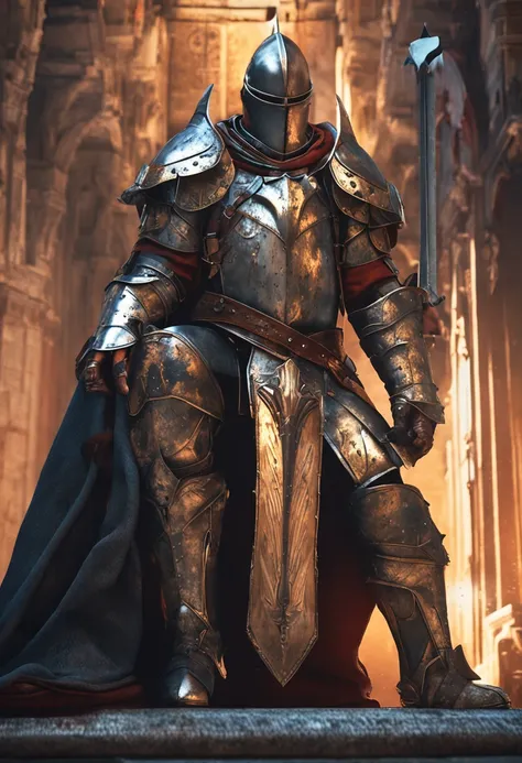 Royal Knights，Gorgeous heavy armor wraps the whole body，Show，femele，Tall and mighty，Point the Knights Sword to the ground，sportrait，closeup cleavage，Solemn，flatchest，modest，humble，Cinematic, hdr, primitive, Intricate, High quality, Gorgeous shades, Intrica...