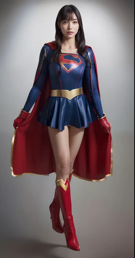 (((Make the most of the original image)))、(((Supergirl Costume)))、(((lustrous dark hair)))、(((Suffering)))、(((The cloak is red)))、((Wearing black stockings))、((Top image quality、8K))、((top-quality、8K、​masterpiece:1.3))、Crisp focus:1.2、Beautiful woman with ...