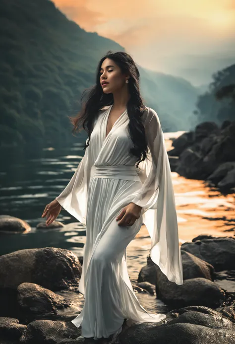 Realistic girl with black hair in a waterfall in is with white long hanfu. Ela tem um par de asas brancas nas costas que se refletem a luz do sol, com um sorriso timidamente como se fosse um segredo.