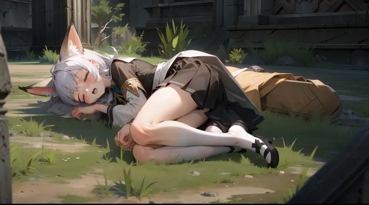 elin, priest, robe, showing underwear, flipping skirt, sleeping on the ground, open mouth