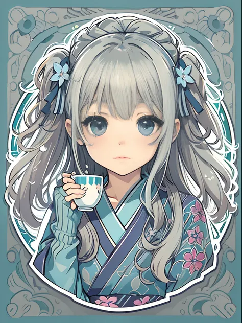 sticker, cute anime girl head, longhair style, wearing violet blue kimono, drinking tea, in circle, white Background, Bright blue, Simple, Ultra Detailed, Detailed Drawing, Vectorization, Silhouette, 8k, professional sticker design, flat design, vector lin...