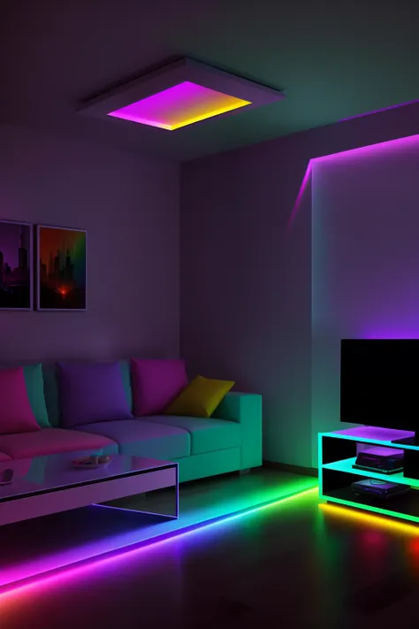 interior living room, rainbow lighting, colored lighting, volumetric rainbow lighting, colorful lighting, rgb gamer toilet, led ...