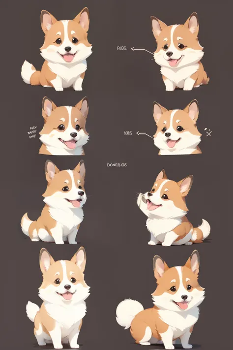 cute corgi, multiple posses and expressions, character sheet, white background, disney style