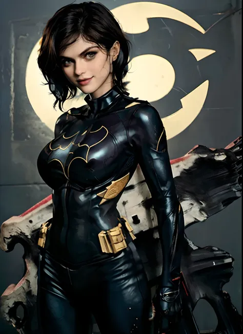 (obra-prima, melhor qualidade), 1girl, solo, alexandra daddario, batgirl terno, cabelo preto, olhos castanhos, sorriso, ((seios ...