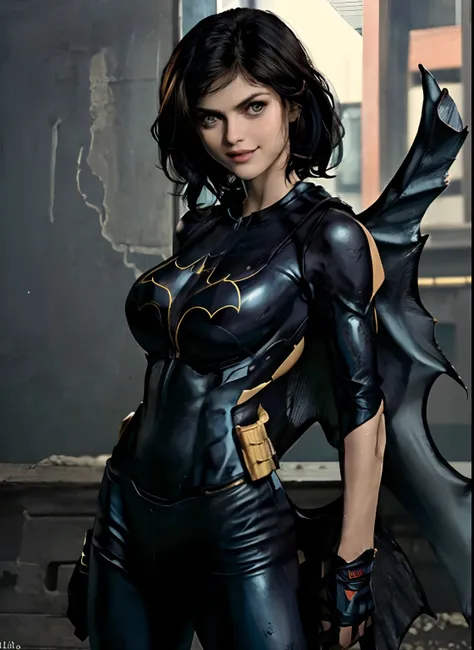 (obra-prima, melhor qualidade), 1girl, solo, alexandra daddario, batgirl terno, cabelo preto, olhos castanhos, sorriso, ((seios ...