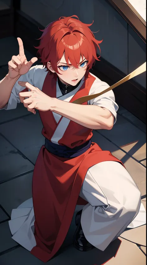 Young guy, short red hair, blue eyes, prince, martial arts, Masterpiece, hiquality