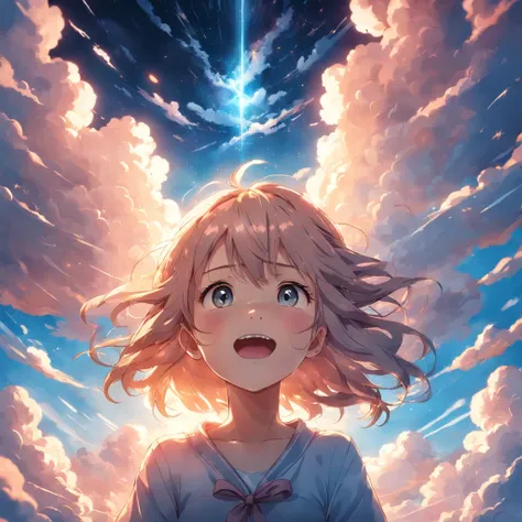 masterpiece, best quality, movie still, 1girl, cloud girl, floating in the sky, close-up, bright, happy, warm soft lighting, sunset, (sparks:0.7)