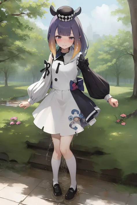 2d, masterpiece, best quality, anime, highly detailed face, highly detailed eyes, highly detailed background, perfect lighting, full body, 1girl, solo, ina_white, tentacle hair, white dress, bow, mini hat, mismatched sleeves, standing, museum, sad, blush, ...