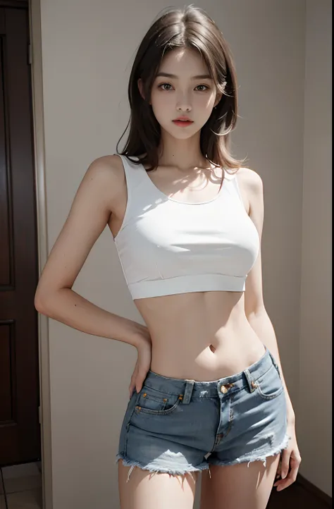 Girl posing for photo in white bra and tight denim skirt，full bodyesbian，legs are open（Great angular），With a cropped T-shirt、brassier，Slim body，Larger bust，Slim girl model，24 years old female model