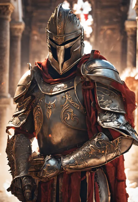 Royal Knights，Gorgeous heavy armor wraps the whole body，Show，femele，Tall and mighty，Point the Knights Sword to the ground，sportrait，closeup cleavage，Solemn，flatchest，modest，humble，Cinematic, hdr, primitive, Intricate, High quality, Gorgeous shades, Intrica...