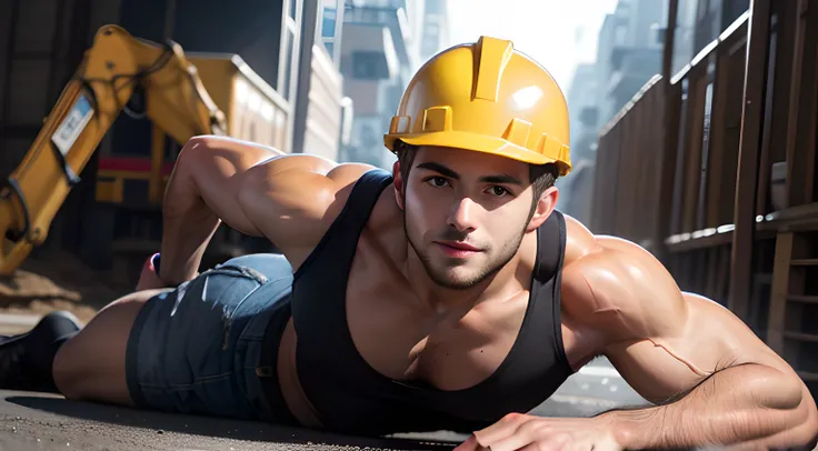 ((Men only)), (head shot), (handsome muscular man in his 20s), (man working at a construction site wearing a yellow helmet), (Chris Redfield), (wearing tank top), (showing his abs), (Mischievous smile), (detaile: 1 in 1), Natural muscles, HIG quality, beau...