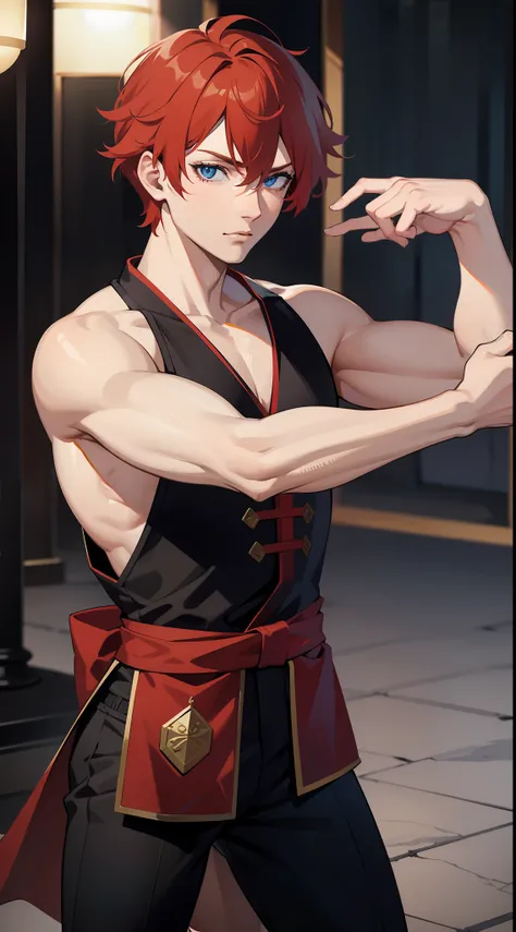 Young guy, short red hair, blue eyes, prince, martial arts, Masterpiece, hiquality