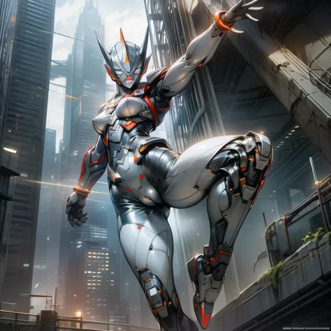 (masterpiece、8K、Ultra-delicate、hight resolution),(((Female Ultraman))),medium breasts,(((No muscles,Medium Boob))),(His head is tapering,The body is made of red and silver,The arms present a streamlined design,On the chest there is a round calculator,Looks...