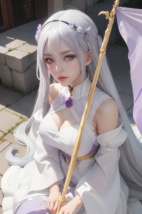 There is a woman with long gray hair with a large purple flag, artwork in the style of guweiz, Anime girl cosplay, guweiz, with long white hair, white haired god, with white long hair, Anime Cosplay, guweiz on pixiv artstation, guweiz on artstation pixiv, ...