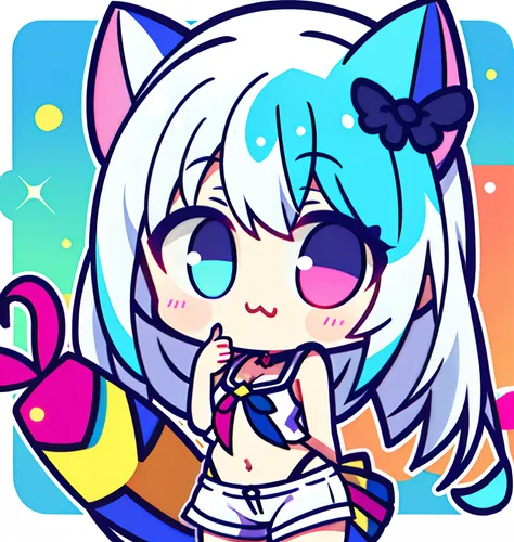 tchibi， full bodyesbian， white backgrounid， high detal， UHQ，（multicolour）），（1girll），（colorful）， white color hair，pussycat，Cute shorts