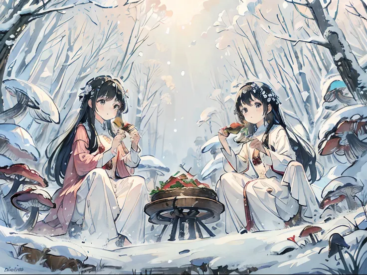 (Masterpiece, best picture quality, HD wallpaper), the beautiful girl and her sister are sitting in a mushroom forest, frontage, from below, eating lunch, winter, snow,god ray, naked