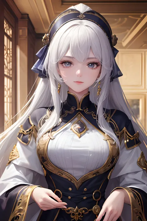 （tmasterpiece，top-quality，best qualityer，offcial art，Beauty and aesthetics：1.2），（Kizi：1.3），extremy detailed，rich colourful，highest details，s the perfect face，The upper part of the body，hdr，（long  white hair：1.5）（white cloak golden lines：1.2），galaxias，（ligh...