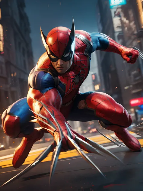 Unreal Engine 5, Photorealism, HD quality, 8k resolution, cinema 4d, beautiful, cinematic, art by artgerm. action-packed scene of a superhero that has the claws of Wolverine and the agility of Spider-Man. The superhero should be in an intense pose, leaping...