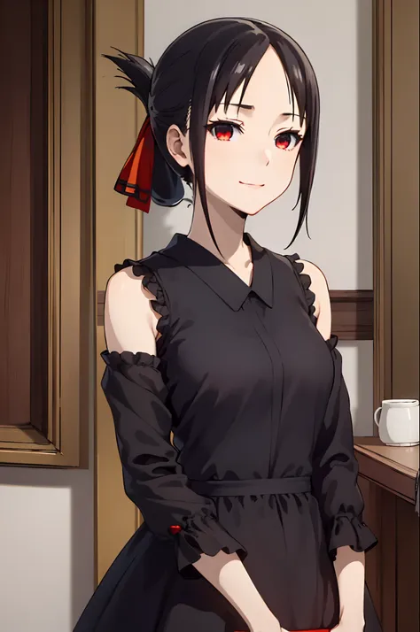 best quality, (masterpiece:1.2), detailed,
shinomiya kaguya,
1girl, solo, closed mouth, light smile,
black hair, red eyes, short...