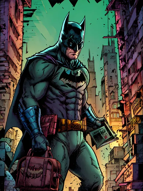 Batman confidently stands atop the towering buildings of Gotham City, displaying his unparalleled vigilante abilities. Gripping a mysterious bag in his hand, he meticulously examines its contents.