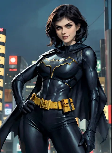 (obra-prima, melhor qualidade), 1girl, solo, alexandra daddario, batgirl terno, cabelo preto, olhos castanhos, sorriso, ((seios ...