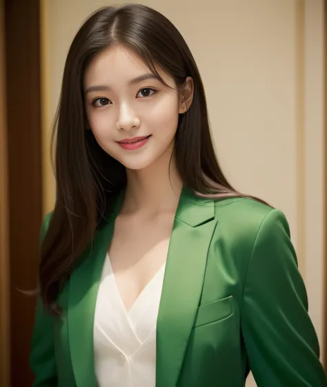 ((best quality, 8K, masterpiece: 1.3)), beautiful girl, pure, melon face, kind and cute, sweet smile, pure desire, slender body, (front), (tilted head), ((looking at camera)), wearing a green suit, black silky medium hair, long flowing shoulders, round bla...