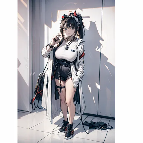 blacksilk,Long hair, Black hair, Messy hair, red highlights,choker necklace，High ponytail，Earphone，F cover,cropped shoulders，wind coat，backpacks，arm guards，huge tit，Headsets，balmy，Side breasts，dishiveredhair，arm guards，arm belt，obi strip，belt，Pocket，Call t...