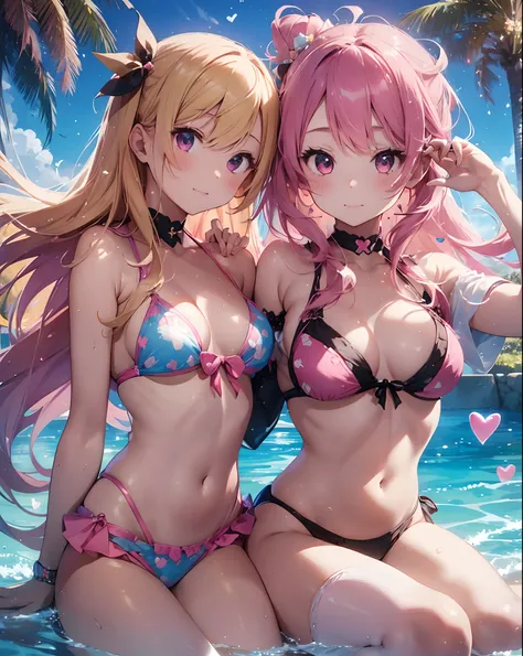 Two girls putting their hands on their chests、Super long hair、The bikini、blonde and pink hair、Create a heart shape with a heart-shaped effect for viewers):1.5、Pool on glittering background