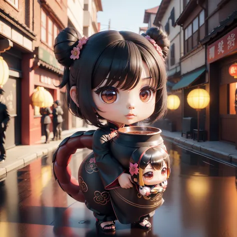 (((chibi 3d))) (Best Quality), (masutepiece) Chibi Anime Deformed Style, Black hair two chinions,Bodyline Collection 1 Womens Cheongsam, qipao dress, Cosplay,China Costume,The background is Yokohama Chinatown,Dragon pack,drinking a cup of tea,close-up Face...