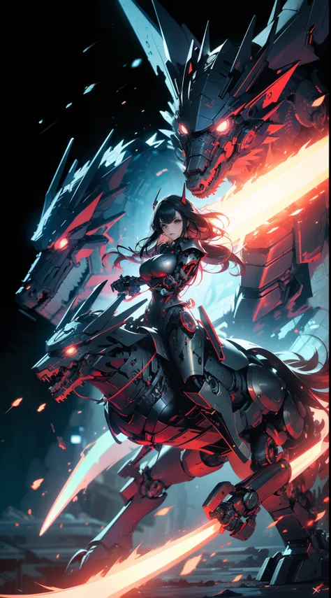 (Put on a colorful giant knight，Holding a huge glowing X-ray sword,Girl riding on mechanical cyborg horse,gothic knight:1.45),(gear wheel+Hanfu armor+Huge breast+Abs+chest plate+Side jet holes),Aerial view,concept-art,sky,Starry sky,Starcloud,black hole,(C...