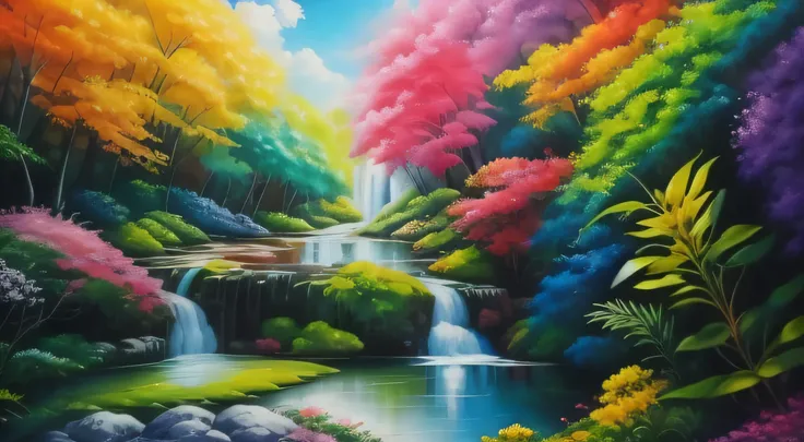 painting of a waterfall in a colorful forest with flowers and trees, scenic colorful environment, Arte bonita UHD 4K, Gotejamento HD colorido, pintura detalhada 4K, magical landscape, ricas cores pitorescas, extraordinary colorful landscape, whimsical fant...