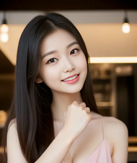 ((best quality, 8K, masterpiece: 1.3)), beautiful girl, pure, melon face, kind and cute, sweet smile, pure desire, slender body, (front), (tilted head), ((looking at camera) ), wearing a pink suit, black silky medium hair, long flowing shoulders, round bla...