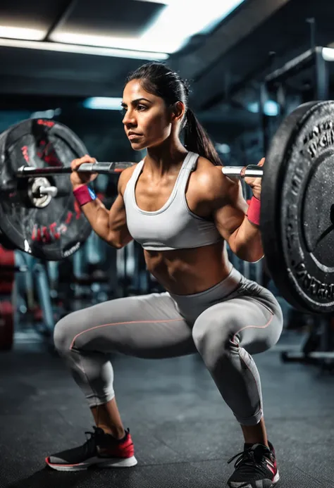 ndian girl,  in a gym, wearing white sports gym wear, wearing gray gym trousers, black hairs tied, one or two strands coming out, doing snatch grip deadlier exercise, weight plates of blue and red colour, bose headsets on ears, lateral view, gym background...